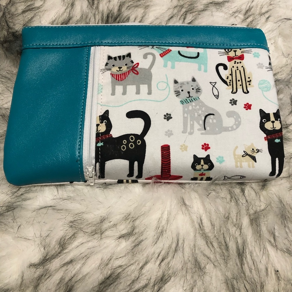 Teal and cat print makeup bag or clutch